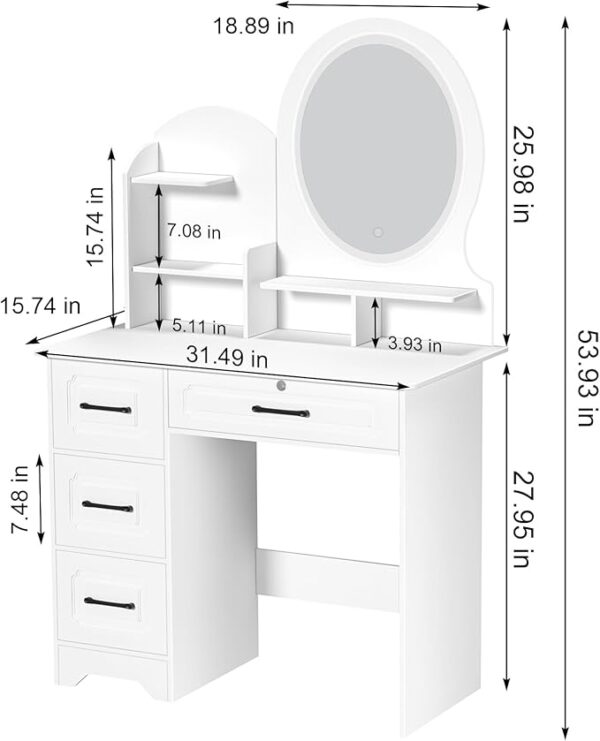 White Wooden Vanity Makeup Desk with spacious surface, multiple drawers, and modern design for organizing makeup and beauty essentials.