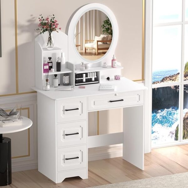 White Wooden Vanity Makeup Desk with spacious surface, multiple drawers, and modern design for organizing makeup and beauty essentials.