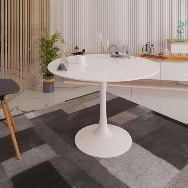 Round White Marble Dining Table with gray veining and a sleek metal base, designed for modern dining rooms.