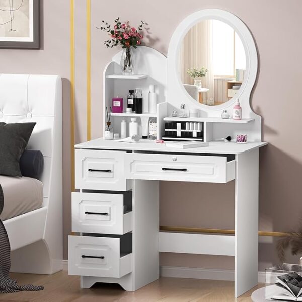 White Wooden Vanity Makeup Desk with spacious surface, multiple drawers, and modern design for organizing makeup and beauty essentials.