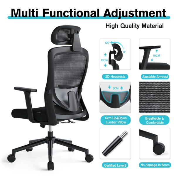 High Back Ergonomic Office Chair with adjustable height, tilt, and armrests for optimal support and comfort.