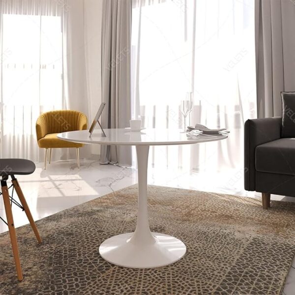 Round White Marble Dining Table with gray veining and a sleek metal base, designed for modern dining rooms.