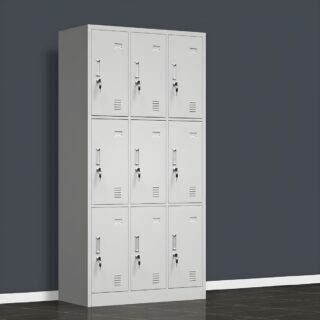 Office 9-Locker Steel Cabinet with secure locking mechanisms, ideal for organizing personal items in professional or shared spaces.