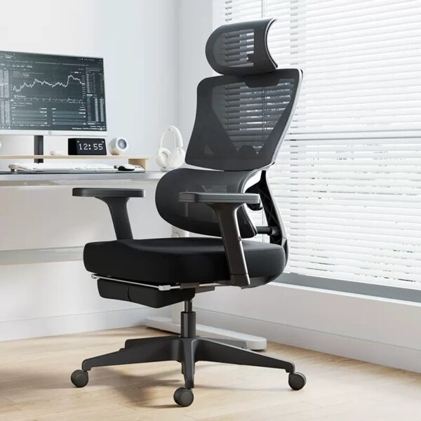 High back office chair with ergonomic and orthopedic support, adjustable armrests, and breathable fabric for comfort during long hours of sitting.