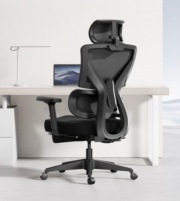 High back office chair with ergonomic and orthopedic support, adjustable armrests, and breathable fabric for comfort during long hours of sitting.