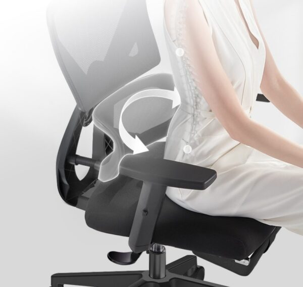 High back office chair with ergonomic and orthopedic support, adjustable armrests, and breathable fabric for comfort during long hours of sitting.