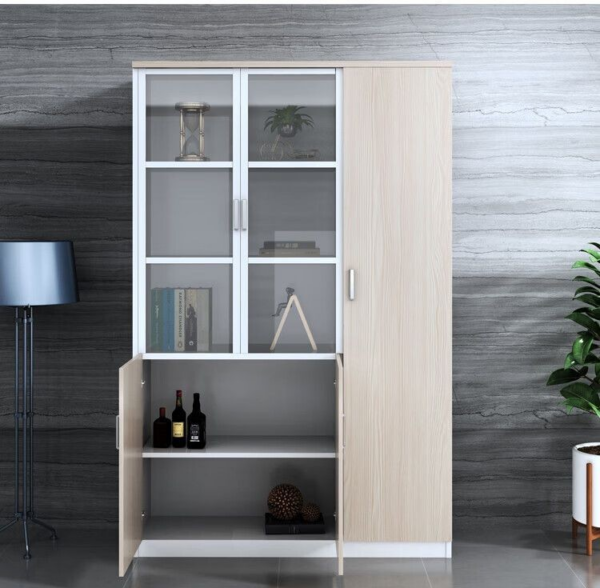 3-Door Wooden Office Executive Cabinet with adjustable shelves and a sleek wooden finish, designed for efficient storage and organization in professional workspaces.