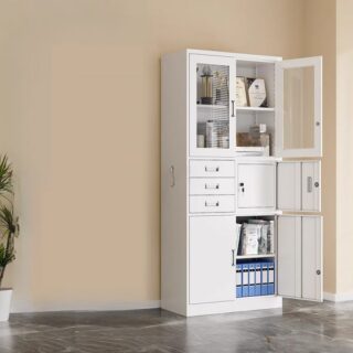 2-Door Office Cabinet with Safe, featuring a metallic finish and built-in safe for secure storage of valuables and documents.