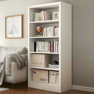 White Stylish Wooden Office Bookcase with four open shelves for storage and a modern, minimalist design.