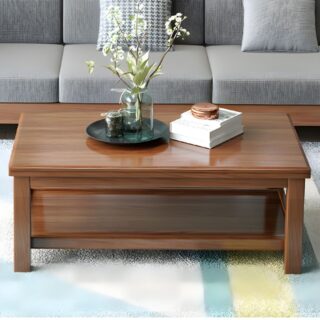 Solid wood mahogany coffee table with 4-legged design, showcasing rich wood grain and polished surface, perfect for living room use.