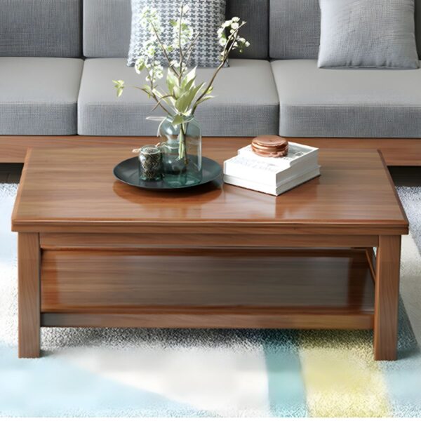 Solid wood mahogany coffee table with 4-legged design, showcasing rich wood grain and polished surface, perfect for living room use.