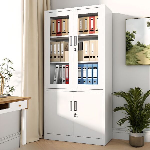 Steel 2-Door File White Office Cabinet with adjustable shelves, providing ample storage space for documents and office essentials.