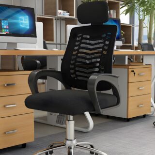 Orthopedic office chair with adjustable headrest, ergonomic backrest, and padded seat for comfort and support.