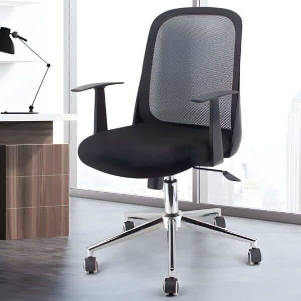 Office Mesh Shell Back Chair with ergonomic design, breathable mesh back, and fixed arms, offering comfort and support for long hours.