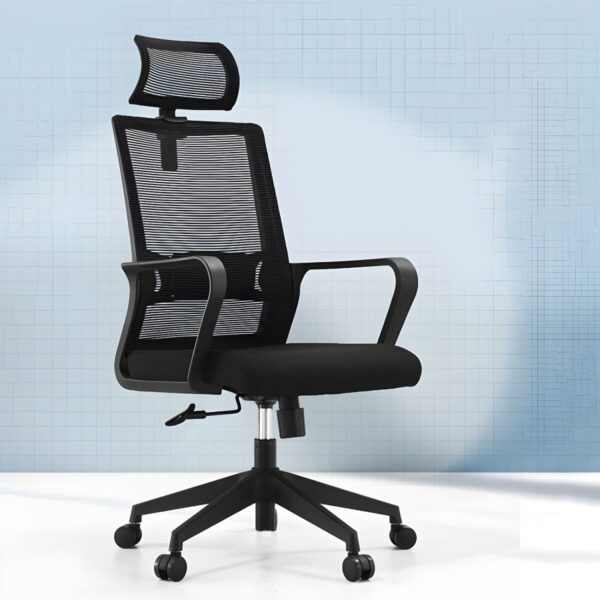 Ergonomic High Back Mesh Office Seat with breathable mesh back, adjustable height and tilt, and comfortable armrests, designed for long hours of work.