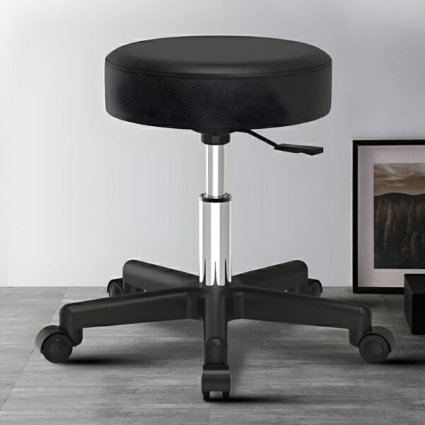 Office Leather Round Stool with sleek black leather upholstery and a sturdy base, offering stylish and comfortable seating for any modern office or home space.