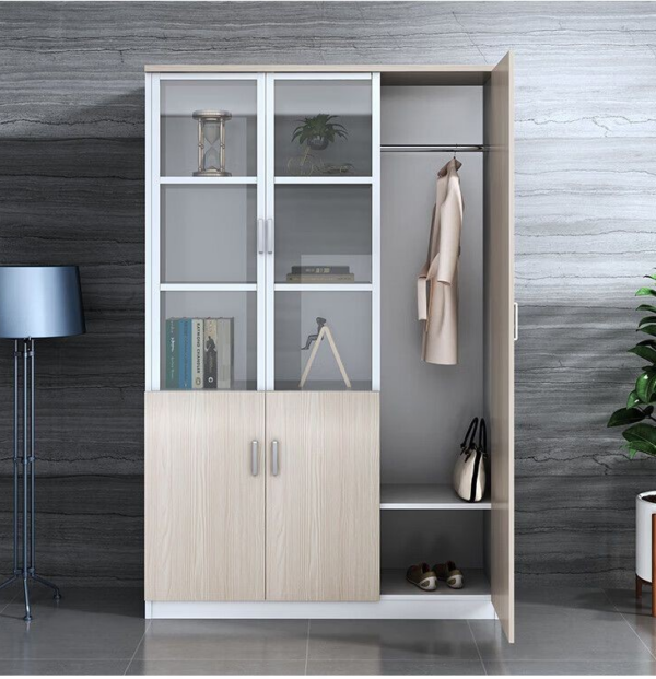 3-Door Wooden Office Executive Cabinet with adjustable shelves and a sleek wooden finish, designed for efficient storage and organization in professional workspaces.