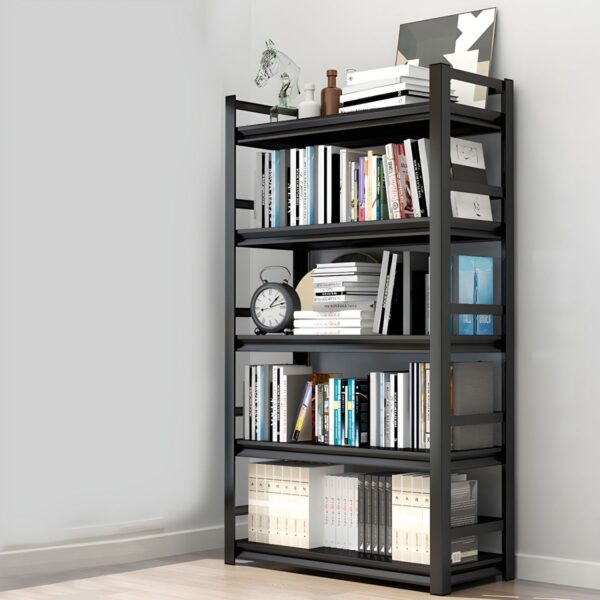 Metal Black Industrial Vertical Bookshelf with open shelves and a sturdy black metal frame, perfect for books and decor.