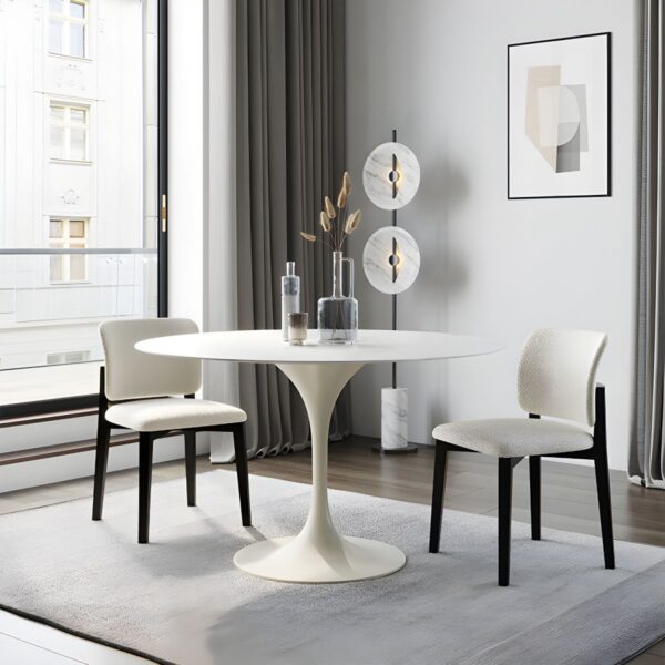 Marble Circular Tulip Dining Office Table with a sleek marble top and minimalist tulip pedestal base.