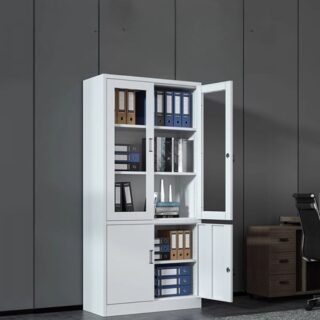 2-door office filing cabinet with adjustable shelves and a locking mechanism for secure document storage.