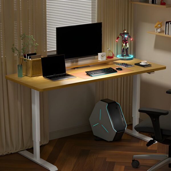 140cm Converter Wood Electric Office Desk with height-adjustable motor, T-shape design, and spacious wood surface, ideal for home and office use.