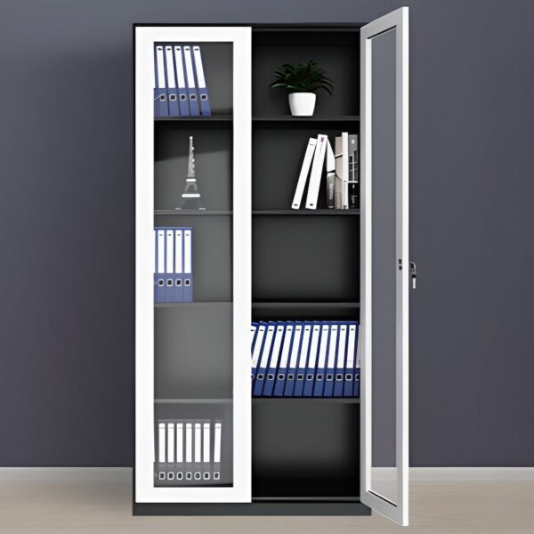 2-Door Steel Glass Display Office Cabinet with sturdy steel frame and clear glass doors for secure storage and display.