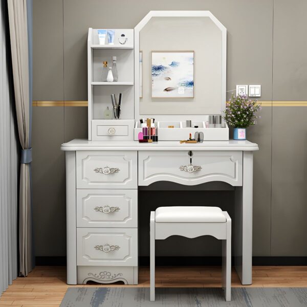 Vanity Standing Wooden Dressing Table with a large mirror, spacious surface, and storage drawers for organizing cosmetics and accessories.