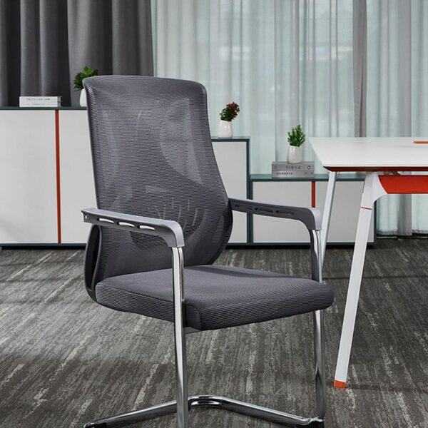 Modern high-back mesh conference seat with a breathable mesh back, chrome base, and ergonomic design for comfort during meetings.