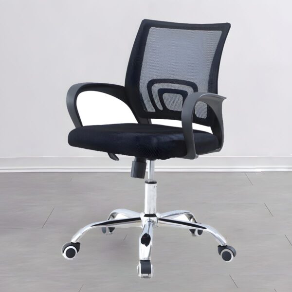 Office Swivel Clerical Chair with adjustable height, cushioned seat, and fixed armrests in a modern office setting.