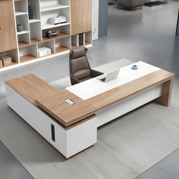 Office L-Shape Executive Desk with spacious work surface, storage drawers, and sleek wood finish in a modern office environment.