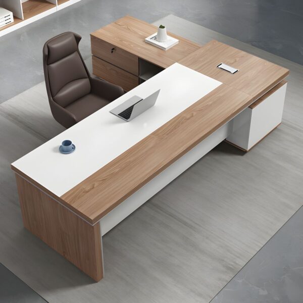 Office L-Shape Executive Desk with spacious work surface, storage drawers, and sleek wood finish in a modern office environment.