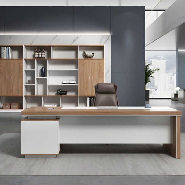 Office L-Shape Executive Desk with spacious work surface, storage drawers, and sleek wood finish in a modern office environment.