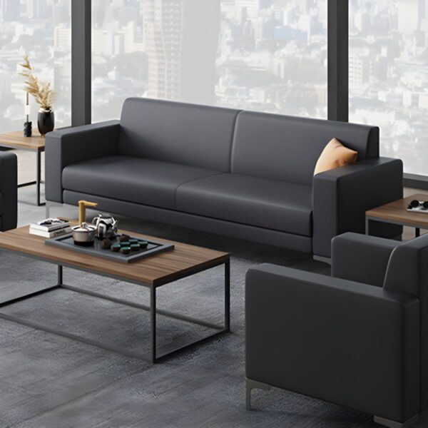 Office 5-Seater Leather Sofa with plush cushions and sleek black leather upholstery, ideal for professional office spaces.