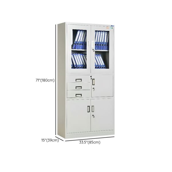 Office Steel Cabinet with Safe, featuring adjustable shelves and a secure locking mechanism for storing documents and valuables safely.