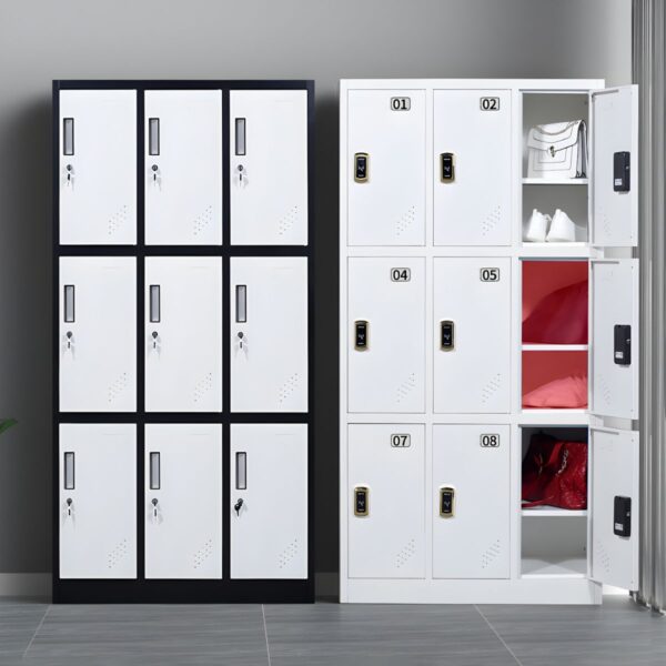 Office 9-Locker Steel Cabinet with nine secure lockers, each with its own lock, providing efficient storage and privacy in a sleek, modern design.