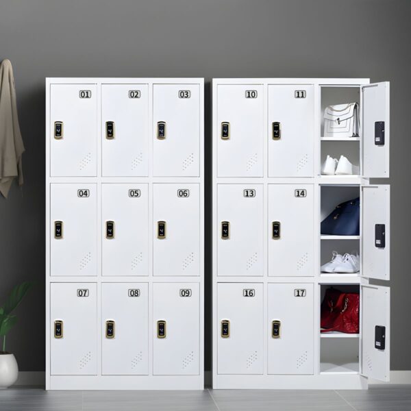 Office 9-Locker Steel Cabinet with nine secure lockers, each with its own lock, providing efficient storage and privacy in a sleek, modern design.