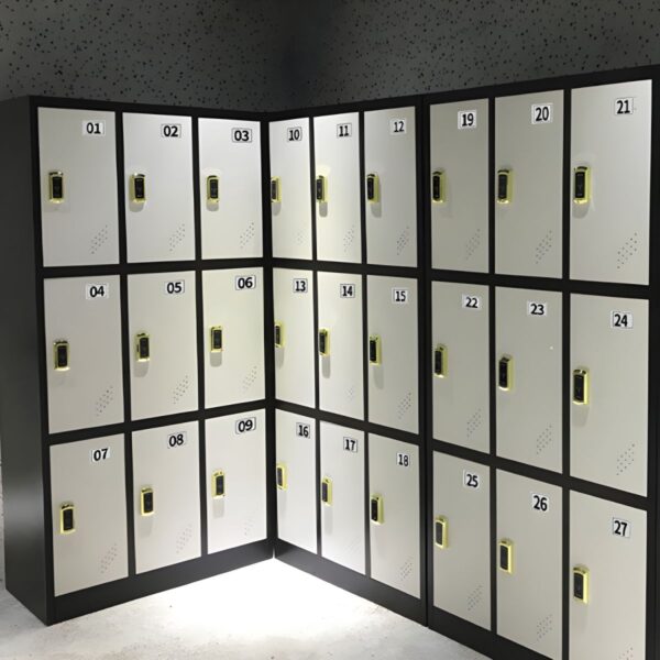 Office 9-Locker Steel Cabinet with nine secure lockers, each with its own lock, providing efficient storage and privacy in a sleek, modern design.