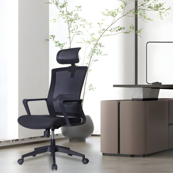 An ergonomic office chair with a breathable mesh back, fixed arms, and adjustable height, designed for comfort and support during long hours of sitting.