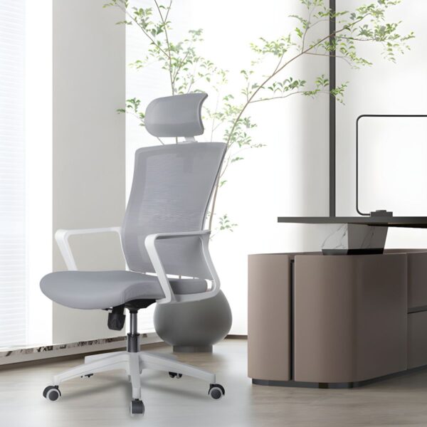 An ergonomic office chair with a breathable mesh back, fixed arms, and adjustable height, designed for comfort and support during long hours of sitting.