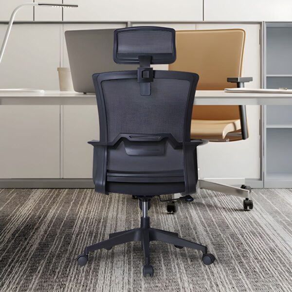 An ergonomic office chair with a breathable mesh back, fixed arms, and adjustable height, designed for comfort and support during long hours of sitting.