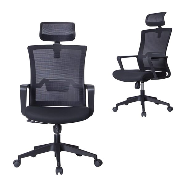 An ergonomic office chair with a breathable mesh back, fixed arms, and adjustable height, designed for comfort and support during long hours of sitting.