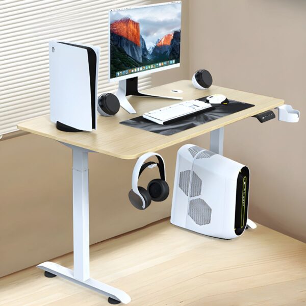 An Office Standing Desk 160cm with a spacious surface, metal legs, and adjustable height, designed for sitting and standing work positions.