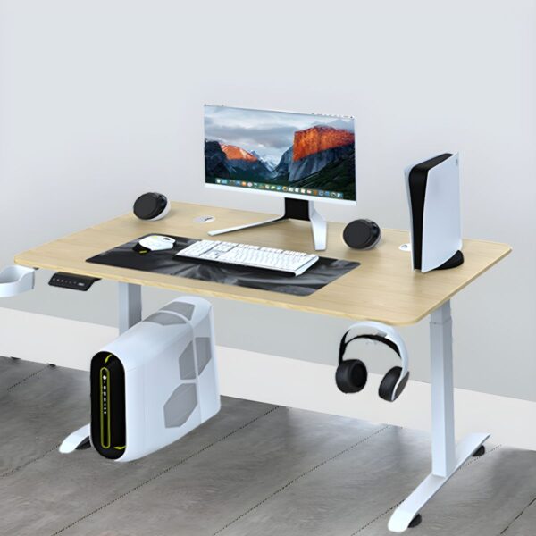 An Office Standing Desk 160cm with a spacious surface, metal legs, and adjustable height, designed for sitting and standing work positions.