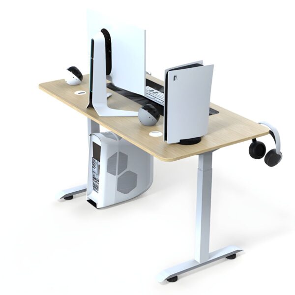 An Office Standing Desk 160cm with a spacious surface, metal legs, and adjustable height, designed for sitting and standing work positions.