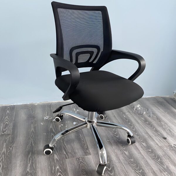 An Office Mesh Clerical Chair featuring a breathable mesh back, padded seat, adjustable height, and armrests, designed for comfort and support in any office setting.