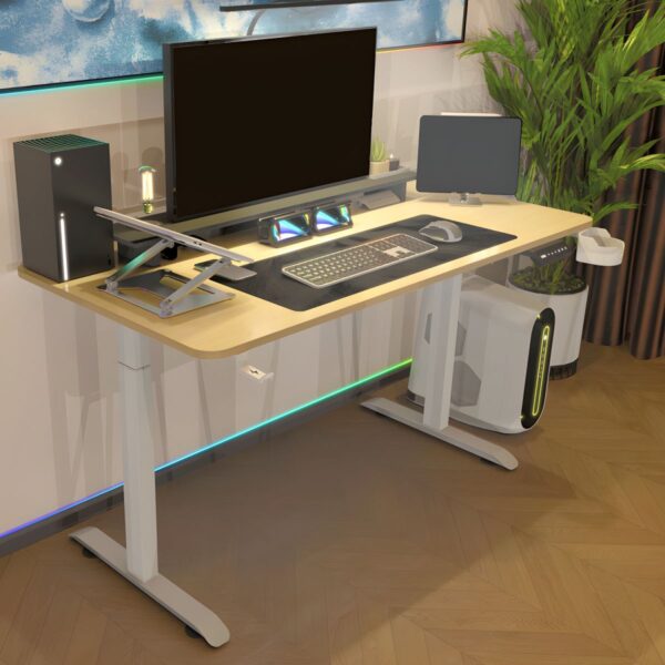 An Office Standing Desk 160cm with a spacious surface, metal legs, and adjustable height, designed for sitting and standing work positions.