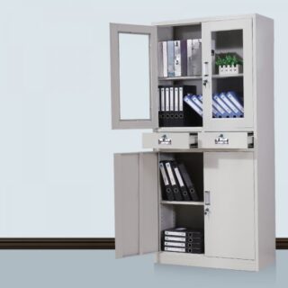 An Office 2-Door Storage Cabinet featuring two spacious compartments, perfect for organizing files and supplies in a professional setting.