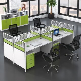 A modern 4-seater office workstation with individual workspaces, built-in cable management, and a sleek, durable design, ideal for collaborative office settings.