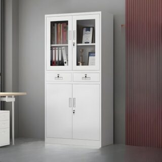 Office 2-Door Storage Cabinet with adjustable shelves and a locking mechanism, made from durable steel for secure and organized storage.