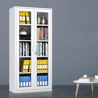 Office 2-Door Storage Cabinet with adjustable shelves and smooth, neutral-colored exterior.